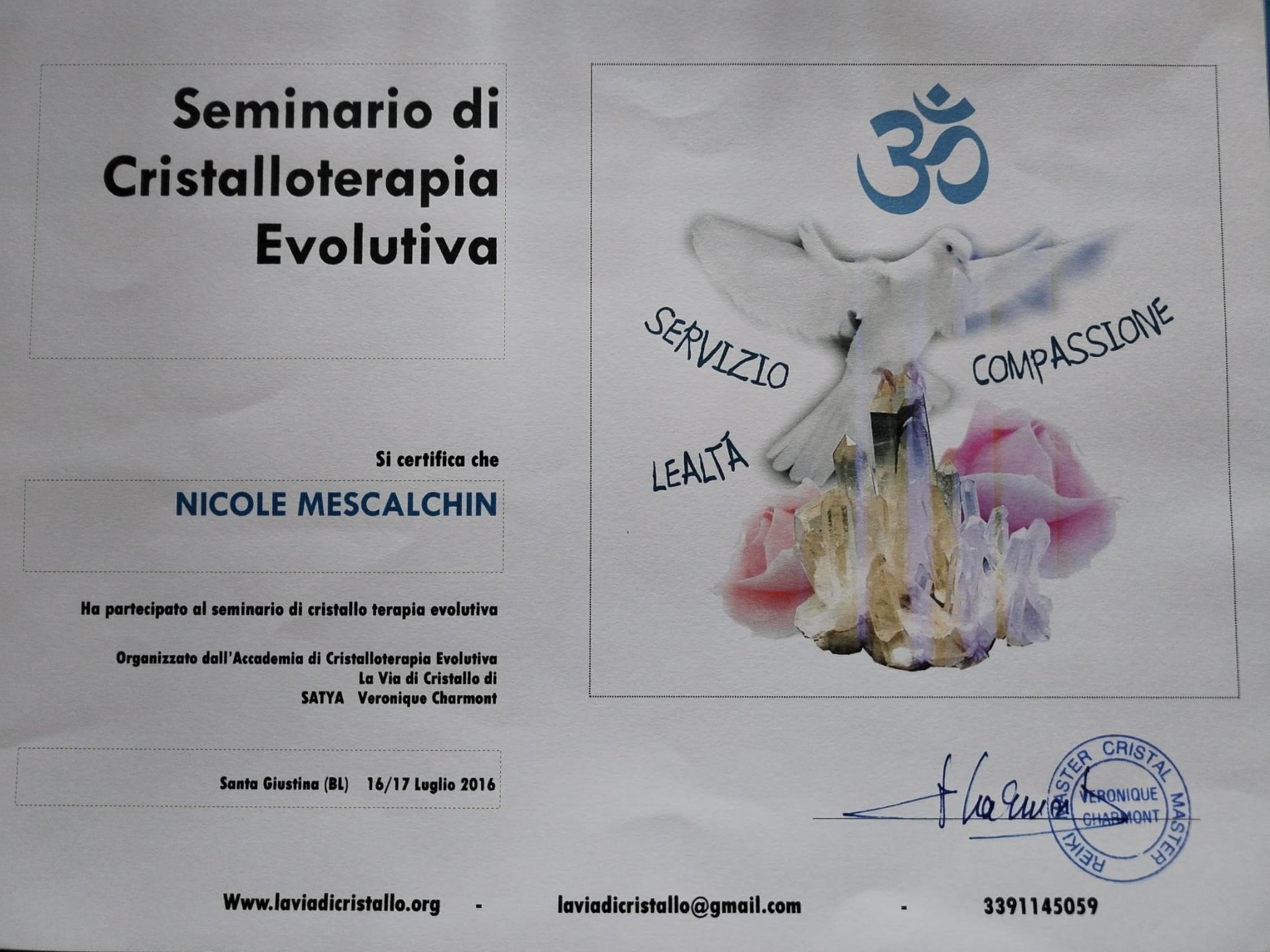 Attestato Seminario di Cristalloterapia Evolutiva