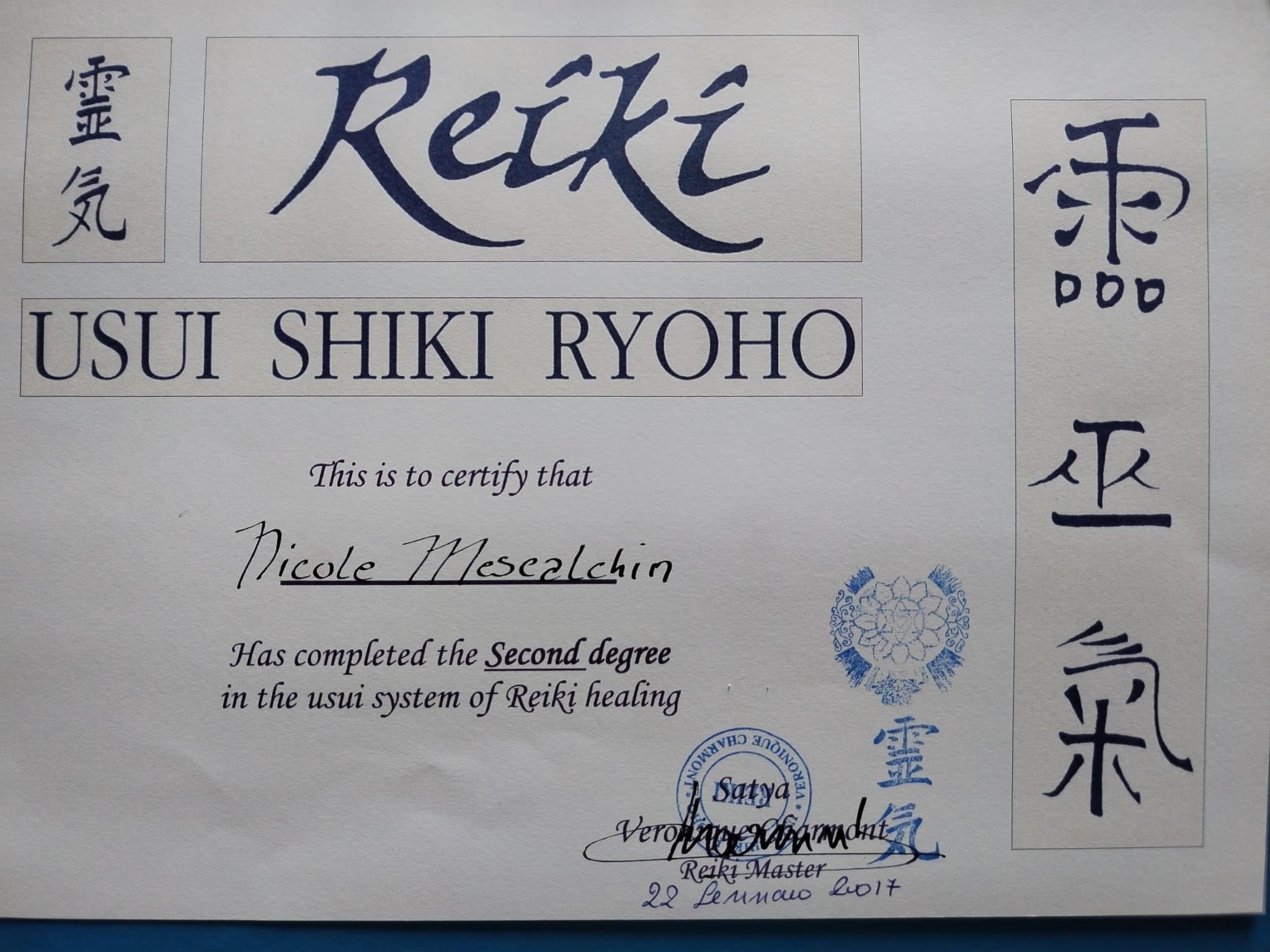 Attestato Reiki Usui Shiki Ryoho, 2° livello