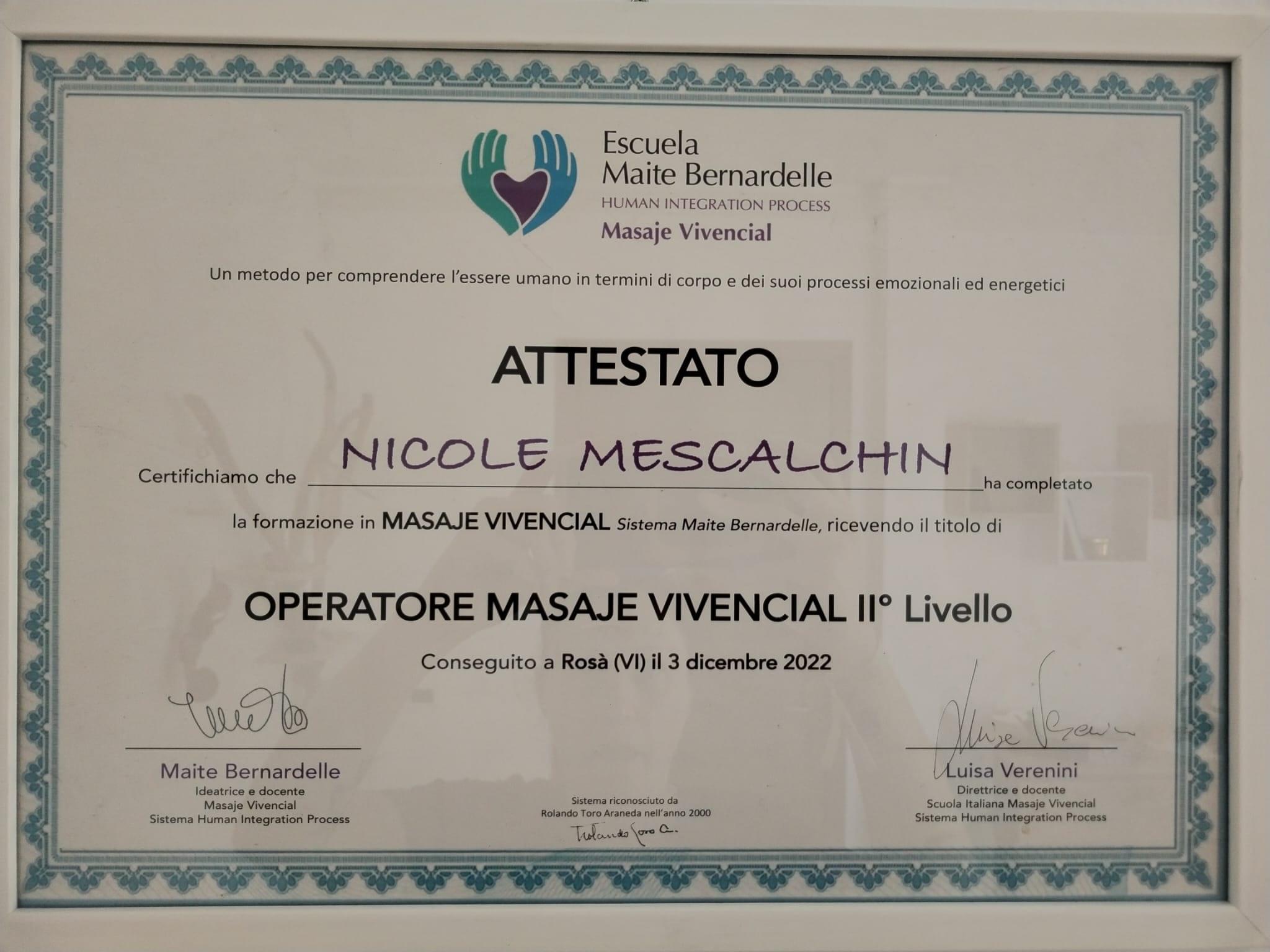 Attestato Masaje Vivencial 2° livello — Operatore