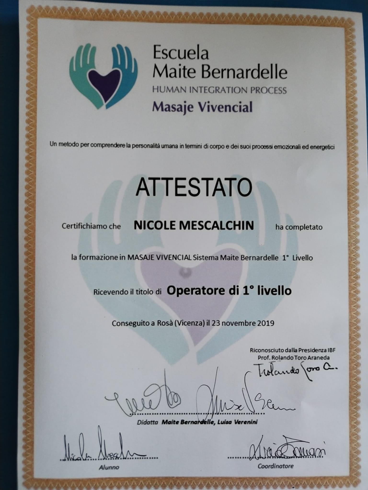 Attestato Masaje Vivencial 1° livello