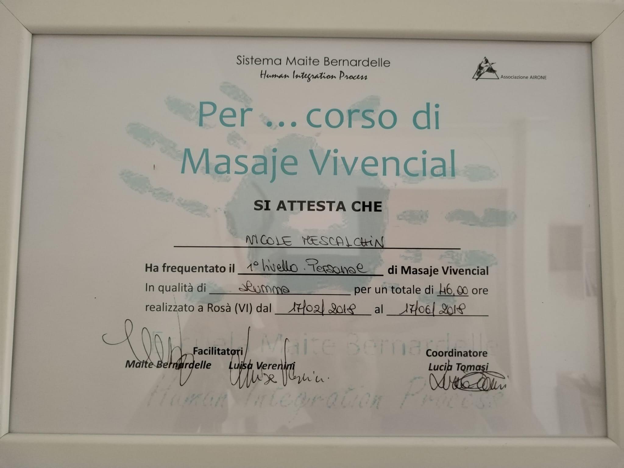 Attestato di frequenza — Masaje Vivencial, 1° livello Personale